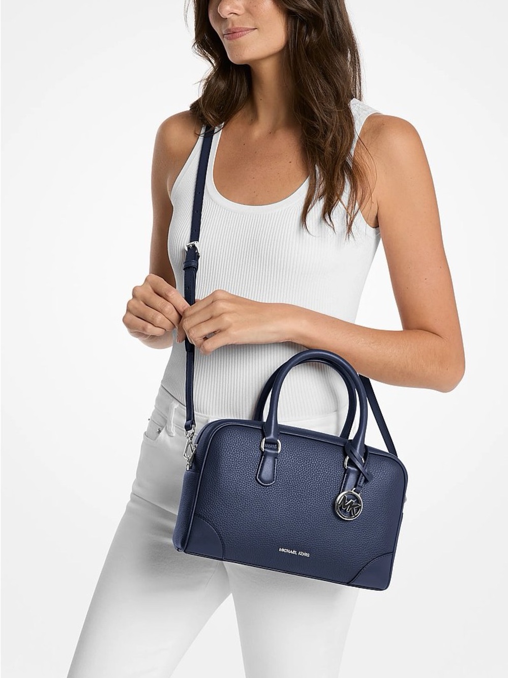 Michael Kors Thompson Medium Grained Leather Satchel Bag Dark Blue NWT